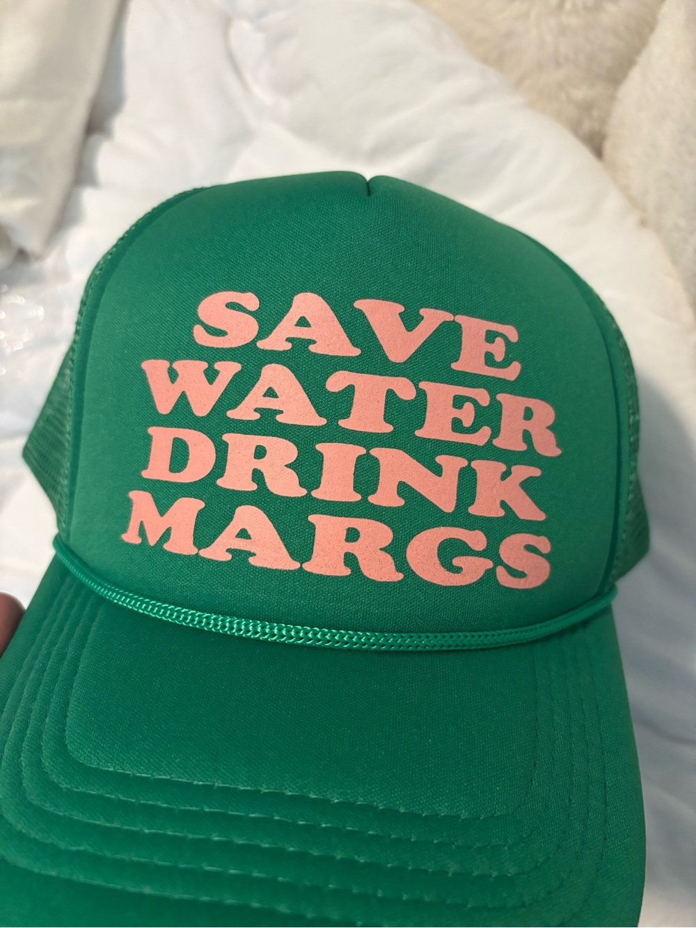 Green Trucker Hat with Pink "Save Water Drink Margs" Text